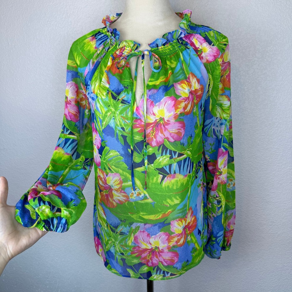 NWT Lauren Ralph Lauren Tropical Crinkle Neck Tie Front Blouse Shirt Womens SZ S